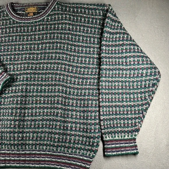 Vtg Eddie Bauer Mens XL 100% Wool Chunk Knit Sweater Green Burgundy Crew Neck - Picture 7 of 14